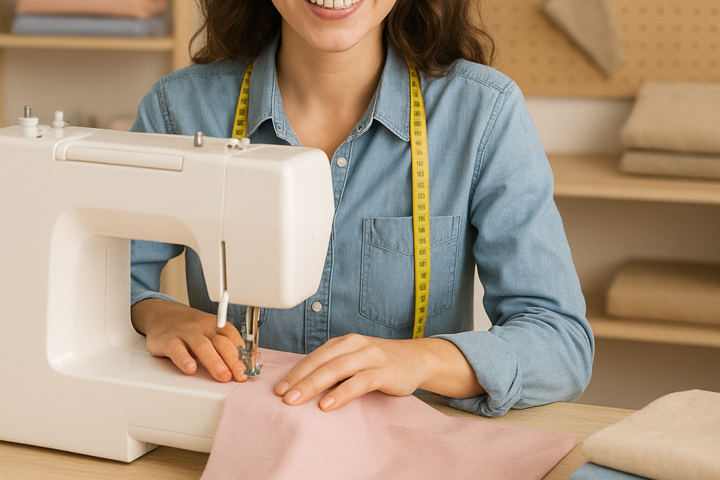 Nähkurse Lächelnde Person näht mit einer Nähmaschine, Stoffstück auf dem Tisch.